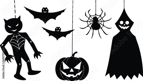 Classic Halloween Silhouettes Design with Cat Illustration in Vector Format