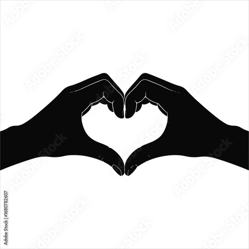 Silhouette of two hands forming a heart shape against a white background.