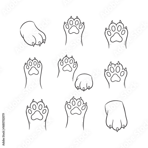 Collection of nine simple line drawings depicting various animal paws and claws.