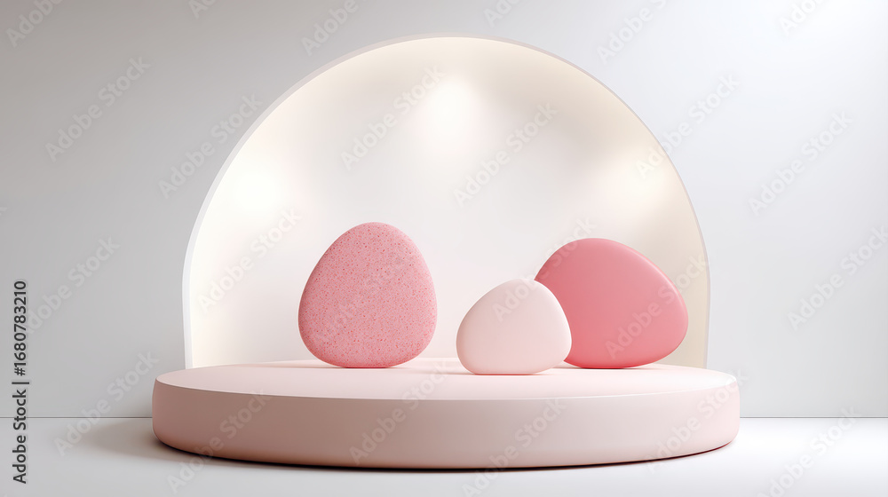 Fototapeta premium Soft pink and white abstract shapes on round platform with curved background create modern minimalist scene with gentle lighting and calm atmosphere