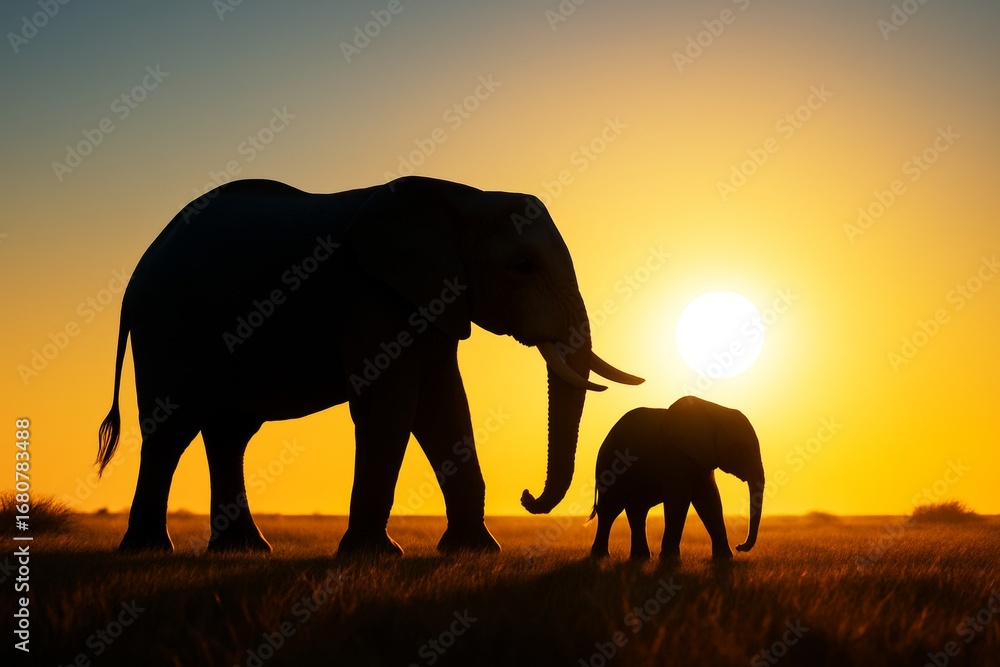 Fototapeta premium Silhouettes of adult elephant and baby walking together in savannah during golden sunset with bright light and vivid background in warm tones. Ai generative