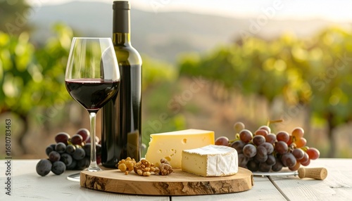 Elegant bottle of Grenache wine with wine glass and cheese board