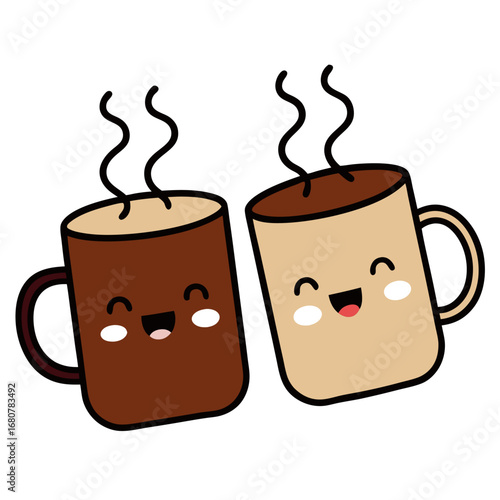 Two cartoon coffee mugs clinking together with steam rising vector on white background.