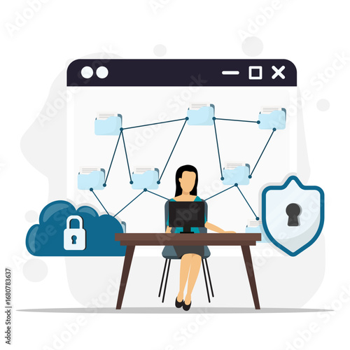 Illustration of a woman working on a computer with cloud storage, file sharing, and cybersecurity protection.