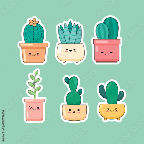 A cartoon vector illustration featuring a set of 6 adorable cactus and succulent plants with cute pots and faces
