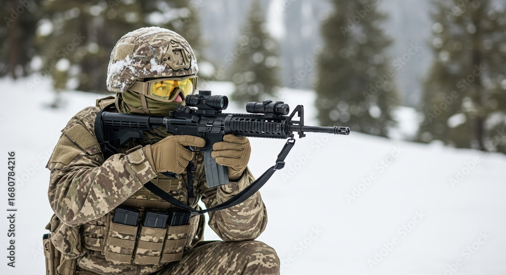 Fototapeta premium Soldier on patrol in winter forest, soldier with tactical gear in snowy conditions. Soldier stands ready, armed and focused, preparing to engage in combat operations in cold environment,
