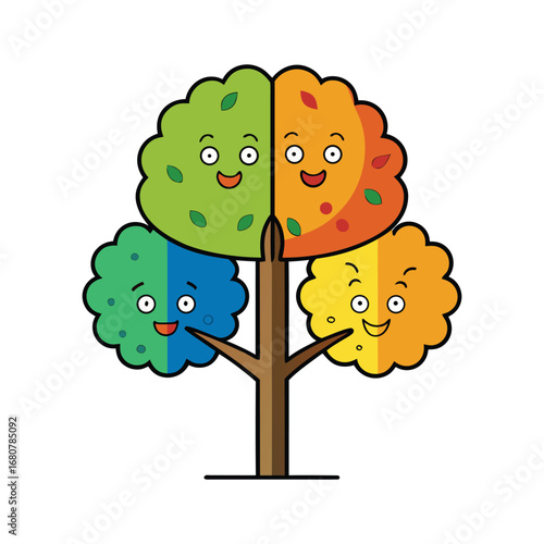 Obraz na plátně Whimsical cartoon tree divided into four seasons with happy faces