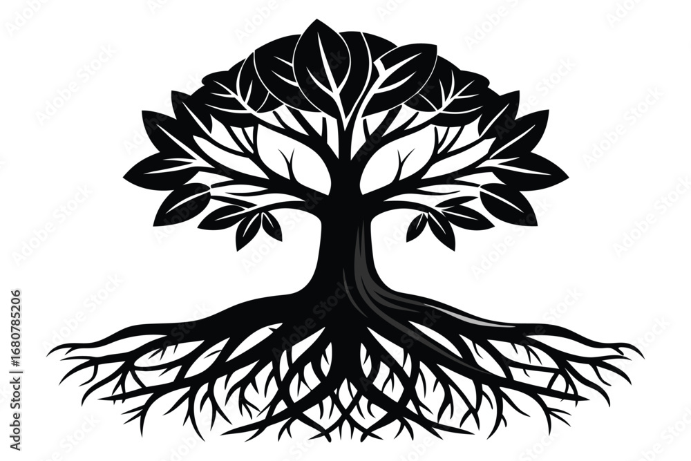 Obraz premium Silhouette Tree of Life with Roots and Leaves Isolated on White Background Design