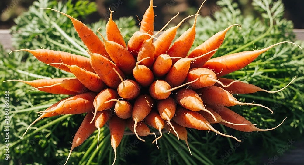 Fototapeta premium Fresh Orange Carrots on Greens.