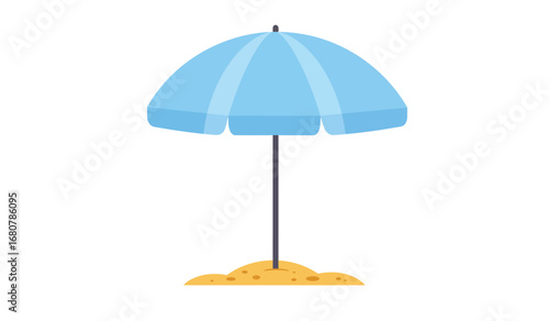 A simple flat design illustration of a light blue beach umbrella firmly planted in a mound of golden sand on a white background