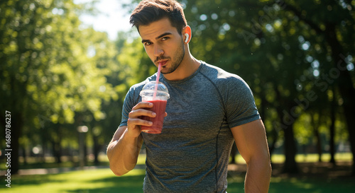 Fitness influencer holding a smoothie after workout at the park