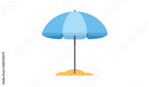 A vibrant blue beach umbrella with a sturdy yellow base stands open on a sandy surface providing shade and a classic symbol of summer vacation