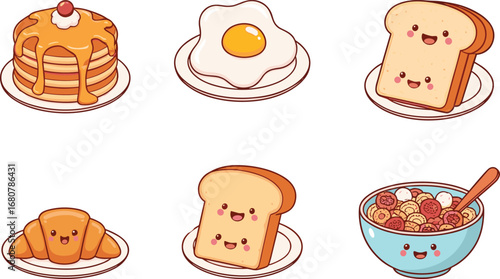 Cute breakfast food characters, smiling pancakes, happy toast, cheerful egg, croissant, cereal bowl, cartoon style, kids menu, kawaii vector illustration