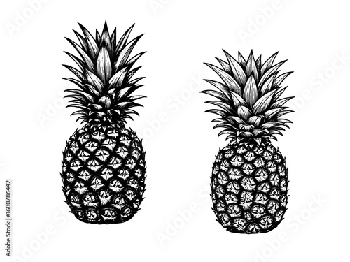 Vintage engraving of pineapple with leaves in bold tropical botanical style.eps
