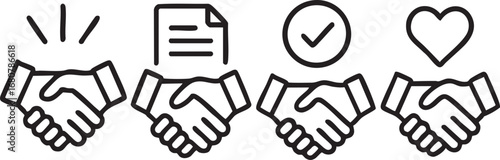 Handshake icons set with trust, agreement, contract and partnership symbols