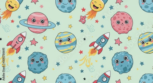 Cute Space Pattern: Planets Rockets Stars and Smiling Faces.