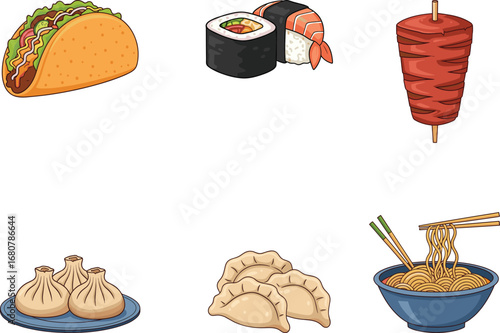 International food vector illustration, taco, sushi, shawarma, dumplings, ramen, Asian cuisine, global dishes, street food, traditional meals, colorful drawing