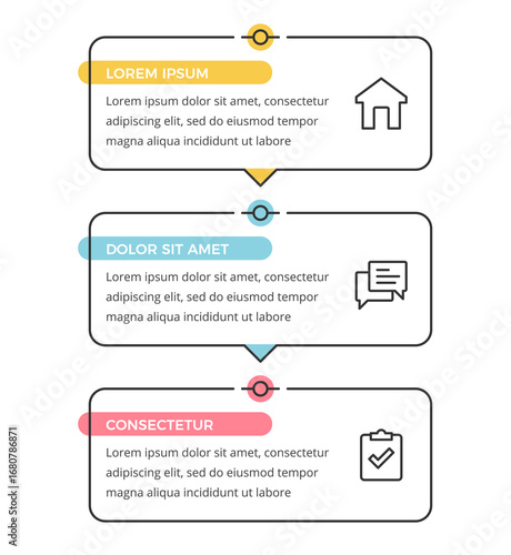 Vertical infographic template with three linear frames with icons and text areas for business presentations