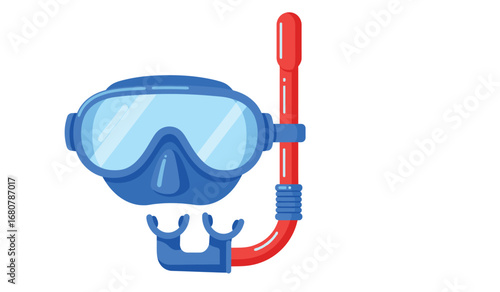 A bright blue diving mask with a red snorkel attached ready for underwater exploration and aquatic adventure on a white background