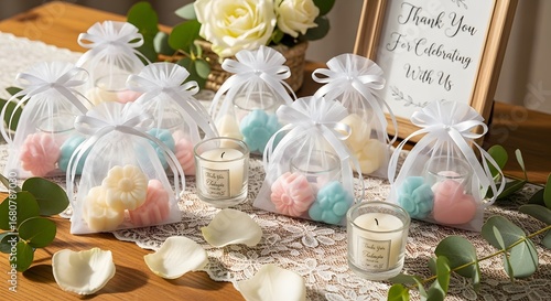 Wedding favors with scented wax melts and candles on a table