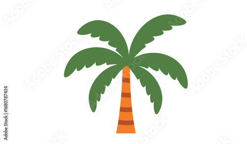 A vibrant cartoon illustration of a solitary palm tree with lush green fronds and a textured brown trunk against a clean white background