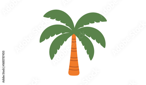 Stylized illustration of a vibrant green palm tree with a textured brown trunk and broad leaves against a clean white background