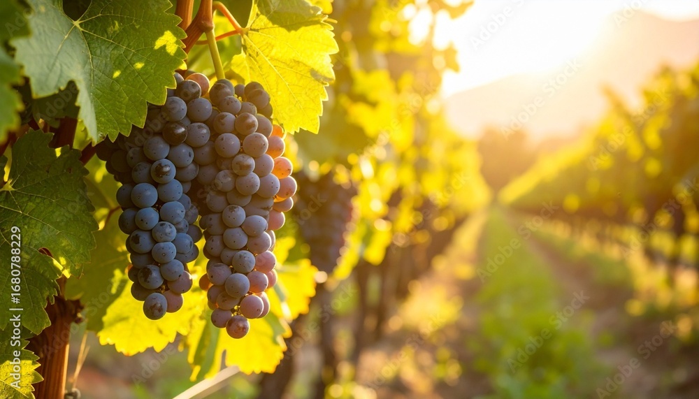 Fototapeta premium Vineyard landscape during golden hour, grapes ready for harvest