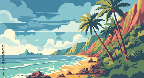 Flat illustration of a tropical beach with palm trees, ocean waves, and mountains at sunset, perfect for travel, vacation, summer holidays, tourism promotions, and exotic nature design themes