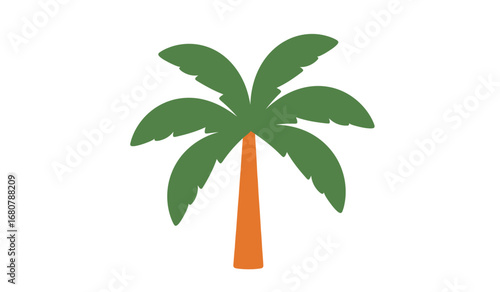 A simple flat illustration of a green palm tree with a textured brown trunk set against a clean white background