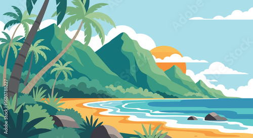 Flat illustration of a tropical beach with palm trees, ocean waves, and mountains at sunset, perfect for travel, vacation, summer holidays, tourism promotions, and exotic nature design themes