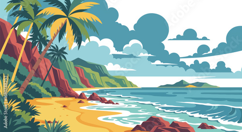 Flat illustration of a tropical beach with palm trees, ocean waves, and mountains at sunset, perfect for travel, vacation, summer holidays, tourism promotions, and exotic nature design themes