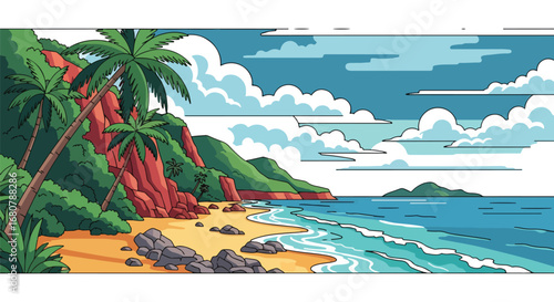 Flat illustration of a tropical beach with palm trees, ocean waves, and mountains at sunset, perfect for travel, vacation, summer holidays, tourism promotions, and exotic nature design themes