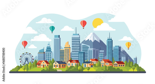 Flat illustration of a modern city skyline with suburban houses, mountains, trees, and hot air balloons, ideal for travel, lifestyle, real estate, urban development, and tourism design themes