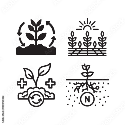 Agricultural icons representing plant growth soil health and fertilization processes
