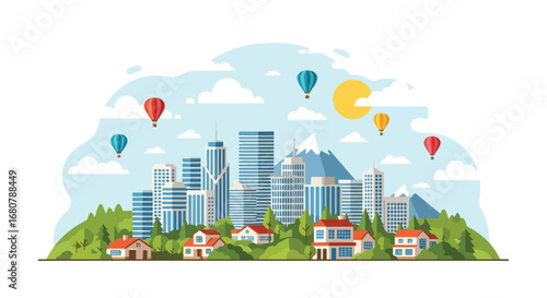 Flat illustration of a modern city skyline with suburban houses, mountains, trees, and hot air balloons, ideal for travel, lifestyle, real estate, urban development, and tourism design themes