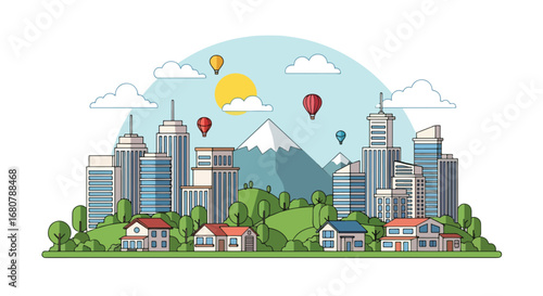 Flat illustration of a modern city skyline with suburban houses, mountains, trees, and hot air balloons, ideal for travel, lifestyle, real estate, urban development, and tourism design themes