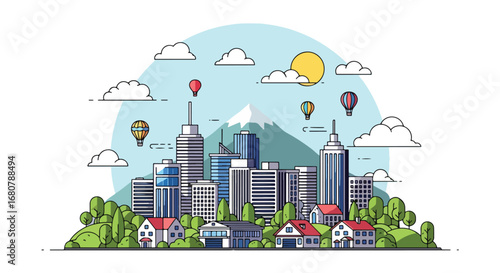 Flat illustration of a modern city skyline with suburban houses, mountains, trees, and hot air balloons, ideal for travel, lifestyle, real estate, urban development, and tourism design themes
