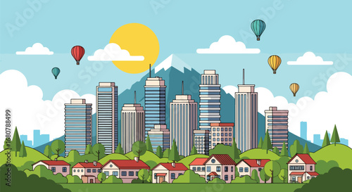 Flat illustration of a modern city skyline with suburban houses, mountains, trees, and hot air balloons, ideal for travel, lifestyle, real estate, urban development, and tourism design themes