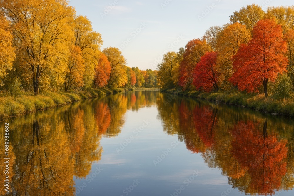 Fototapeta premium Autumn Reflections: A stunning river winds through a vibrant landscape painted with the warm hues of autumn, with leaves reflected on the water's surface, capturing the beauty of fall.