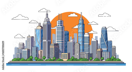 Flat illustration of a modern city skyline with tall skyscrapers, waterfront, and sunset background, ideal for business, real estate, travel, urban lifestyle, and metropolitan design themes