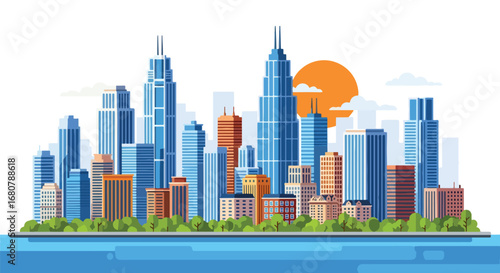 Flat illustration of a modern city skyline with tall skyscrapers, waterfront, and sunset background, ideal for business, real estate, travel, urban lifestyle, and metropolitan design themes