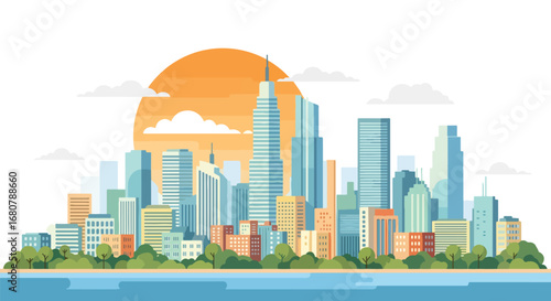 Flat illustration of a modern city skyline with tall skyscrapers, waterfront, and sunset background, ideal for business, real estate, travel, urban lifestyle, and metropolitan design themes