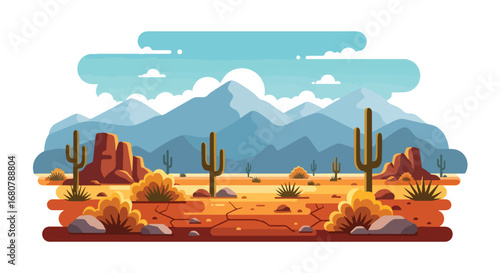Flat illustration of a desert landscape with tall cacti, dry cracked ground, rocky hills, and distant mountains under a blue sky, perfect for travel, nature, and adventure design themes