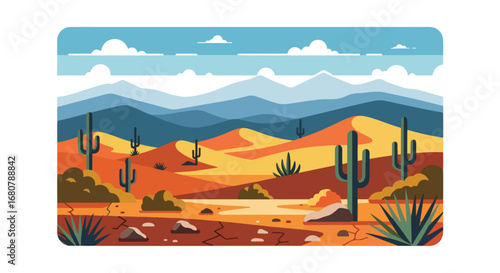 Flat illustration of a desert landscape with tall cacti, dry cracked ground, rocky hills, and distant mountains under a blue sky, perfect for travel, nature, and adventure design themes