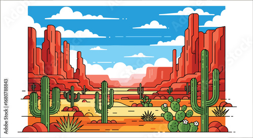 Flat illustration of a desert landscape with tall cacti, dry cracked ground, rocky hills, and distant mountains under a blue sky, perfect for travel, nature, and adventure design themes