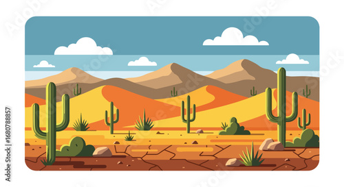 Flat illustration of a desert landscape with tall cacti, dry cracked ground, rocky hills, and distant mountains under a blue sky, perfect for travel, nature, and adventure design themes