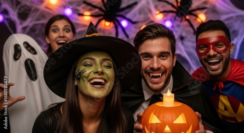 Fun halloween costume party with friends in spooky decorations and pumpkin