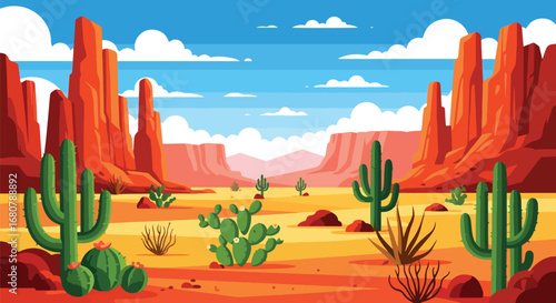 Flat illustration of a desert landscape with tall cacti, dry cracked ground, rocky hills, and distant mountains under a blue sky, perfect for travel, nature, and adventure design themes