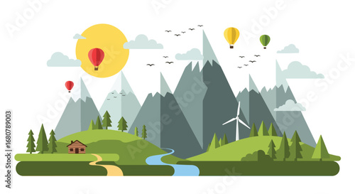 Flat illustration of a mountain landscape with a cabin, river, pine trees, and wind turbines under the sun, perfect for eco-tourism, renewable energy, travel, and sustainable lifestyle designs