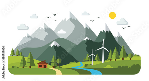 Flat illustration of a mountain landscape with a cabin, river, pine trees, and wind turbines under the sun, perfect for eco-tourism, renewable energy, travel, and sustainable lifestyle designs